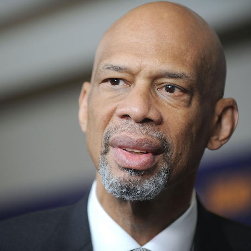 Basketball legend Kareem Abdul-Jabbar looks pensive