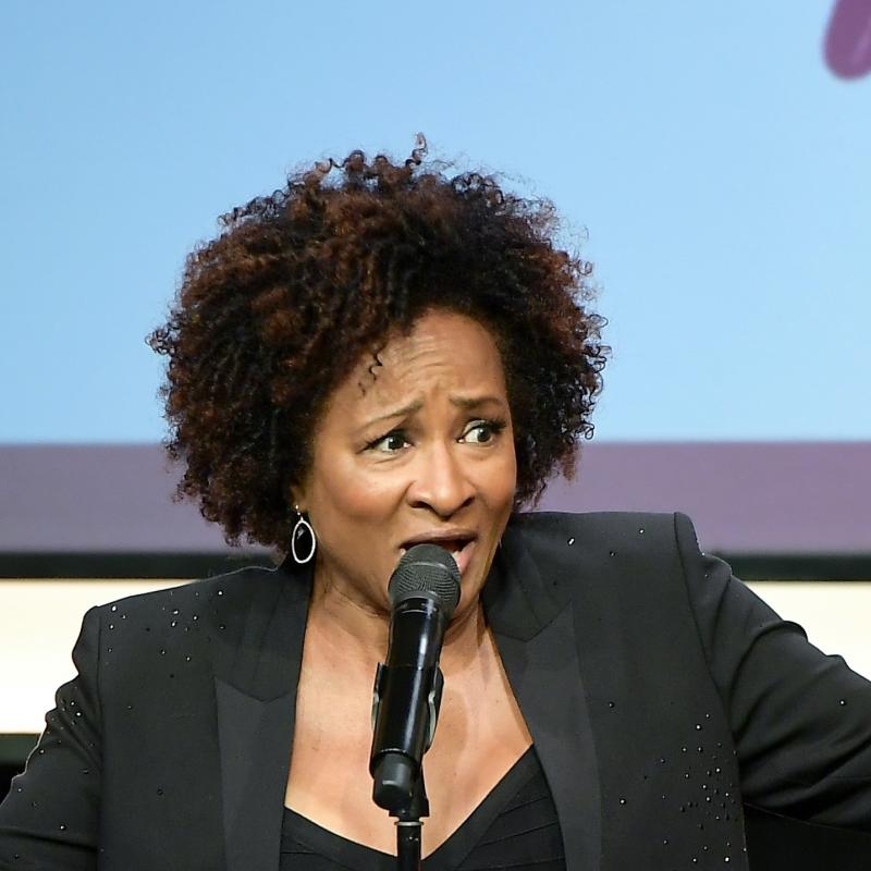 Comedian Wanda Sykes speaks into a mic against a colorful backdrop